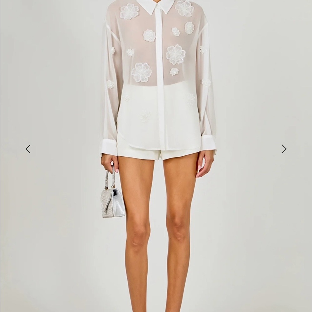 Endless Rose Sheer White Floral Appliqué Button-Up Blouse